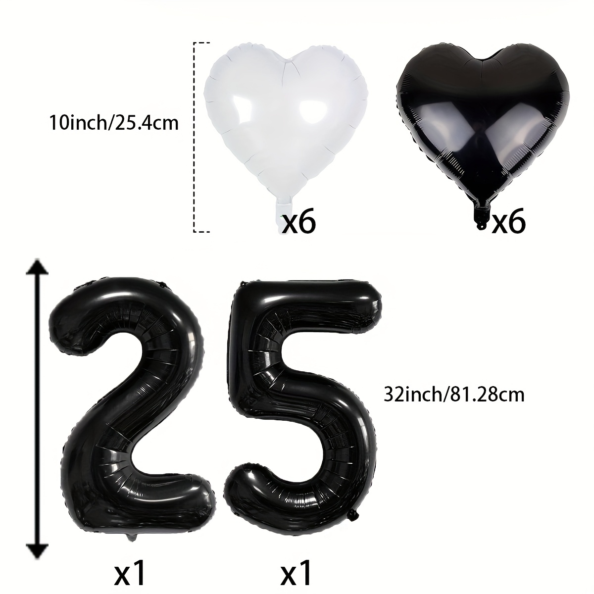 Image of 25 Balloon With 10-inch Black And White Heart Balloons 32-inch Balloon For Men Women 25th Birthday Anniversary Wedding Graduations Party Decorations