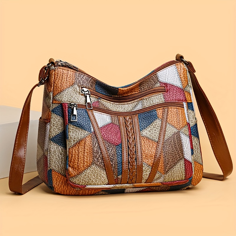 

Sac à main à bandoulière multifonctionnel de grande capacité en cuir PU, patchwork géométrique, couleur unie, pour femme