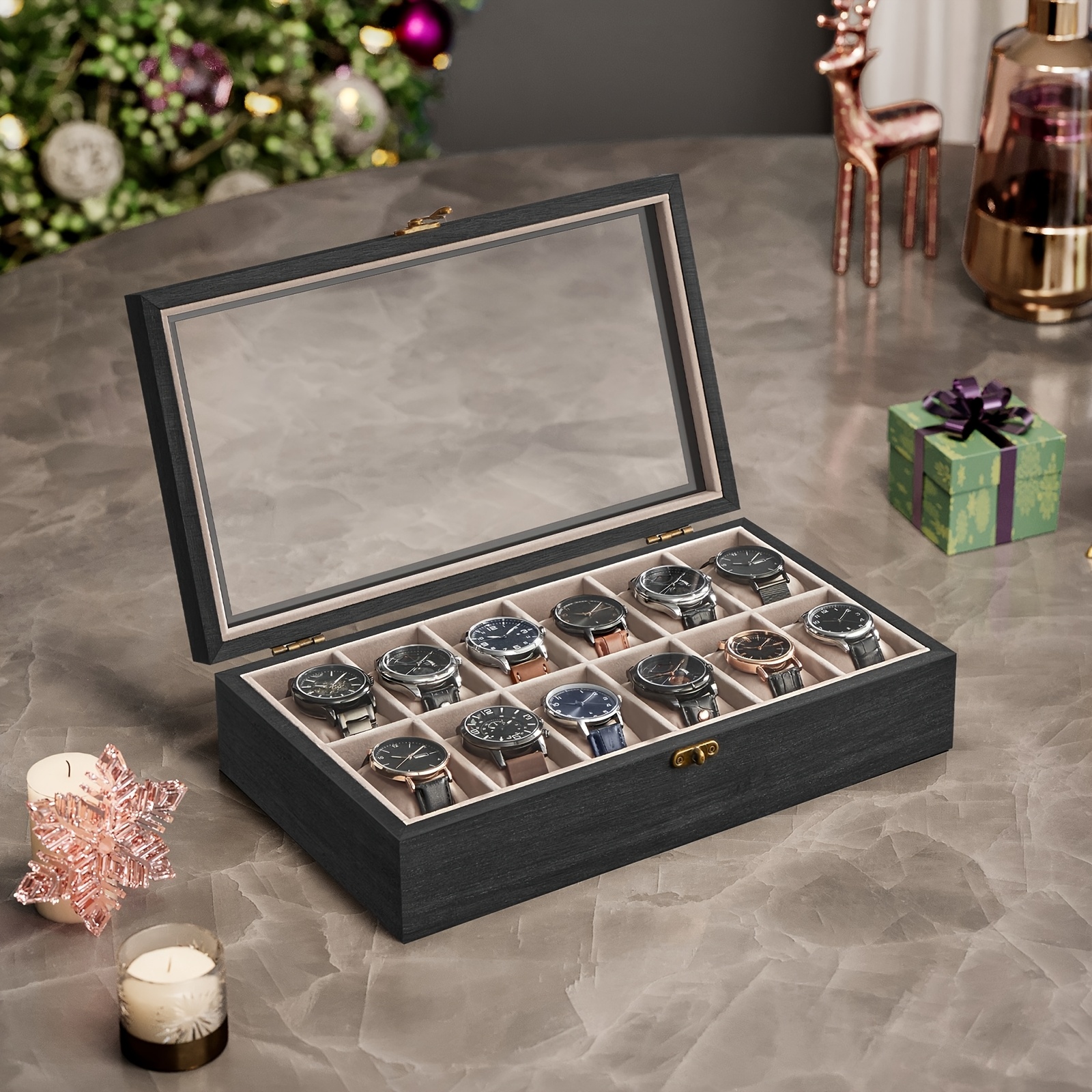 

Songmics Watch Box With 12 Slots, Watch Case, Solid Wood Watch Box Organiser With Glass Lid, Watch Display Box With Removable Pillows, Ideal Gift