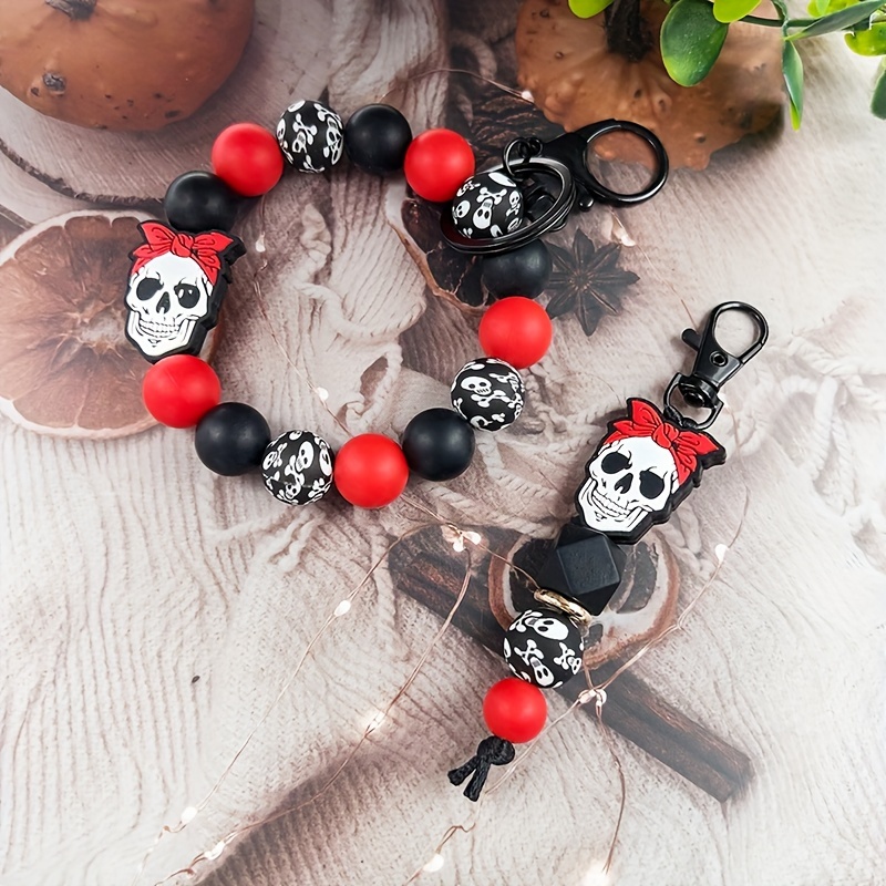 

Beaded Skull Silicone Keychain - Cartoon Punk Theme Wristlet Key Ring With Lobster Clasp - Festival Ladies Key Ring With Silicone Beads And Skull Charm - Gift Accessory Single Piece