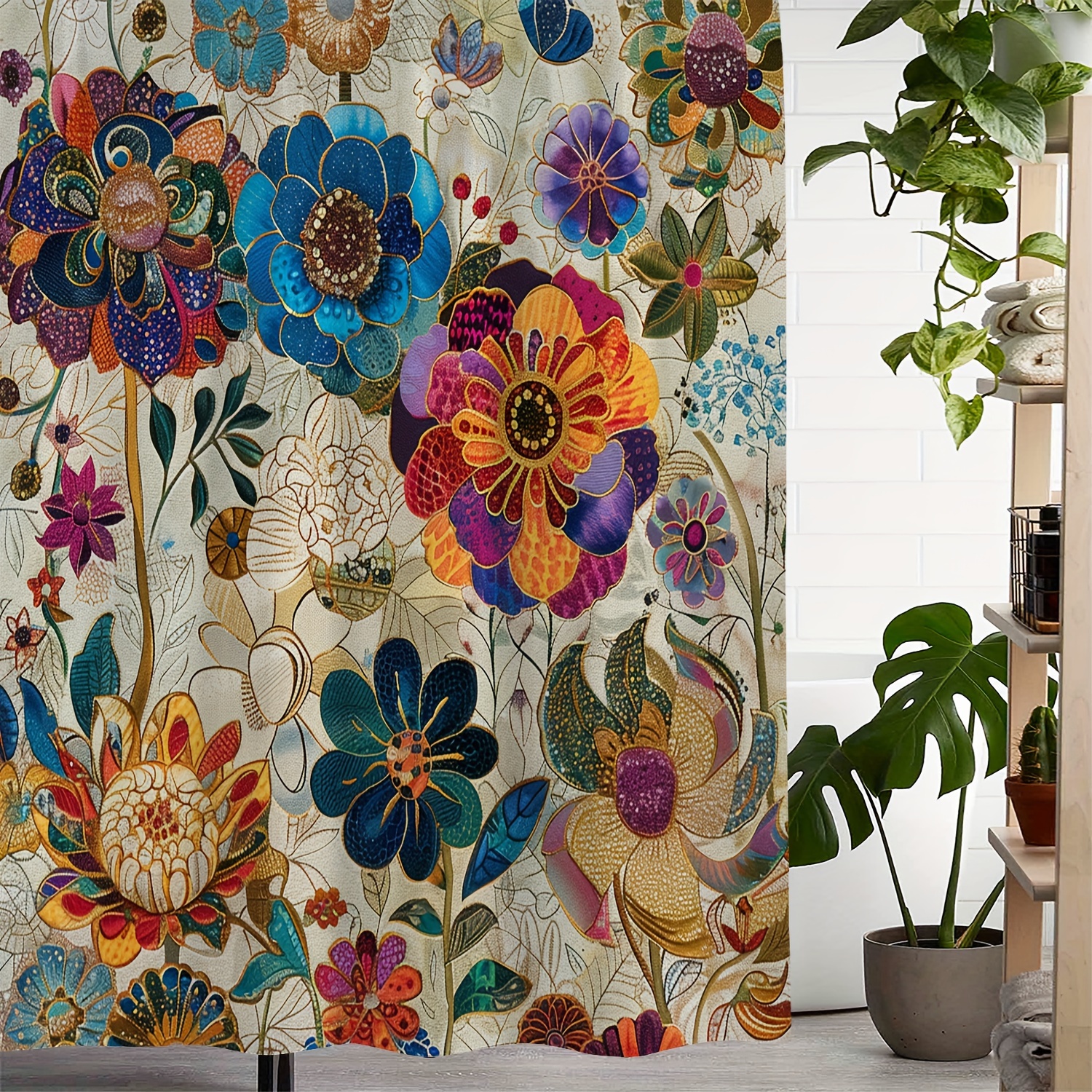 

Water-resistant Vintage Mandala Floral Print Shower Curtain With 12 Hooks, Arts Themed Polyester Woven Fabric, Machine Washable, Water-resistant Weave With Unique Patterns