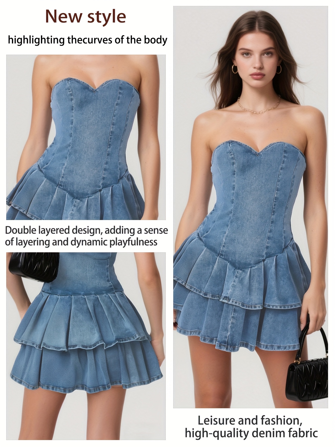 25AW Layered Dress, Stylish Women'S Strapless Denim Dress
