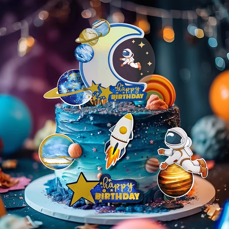 

10pcs/set, Space Planet Birthday Cake Decor Insert Moon Astronaut Theme Dress Up Baking Dessert Table Decor