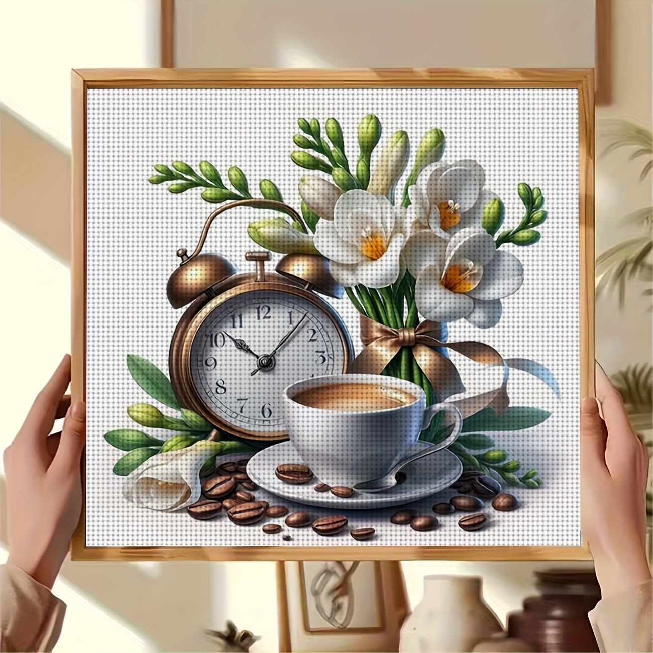 Cross-Stitch Printing Kit Without a Frame, Coffee Flower Clock Design