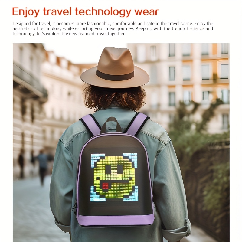 Sangle de sac à dos LED contrôlée par application de la série The City, animations Pixel Art élégantes, sac à dos tendance pour ordinateur portable, un cadeau de Noël original pour hommes et femmes; également un excellent cadeau d'Halloween