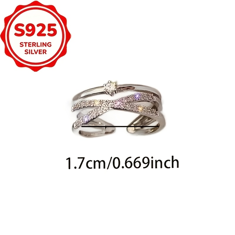Women's S925 Silver Cross Double-Layer Open Ring with Synthetic Zirconia