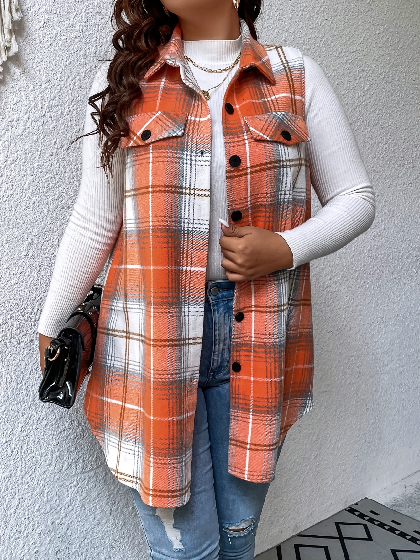 Plus Size Plaid Pattern Button Front Vest, Casual Sleeveless Flap Detail Gilet Jacket For Fall & Spring, Women's Plus Size Clothing