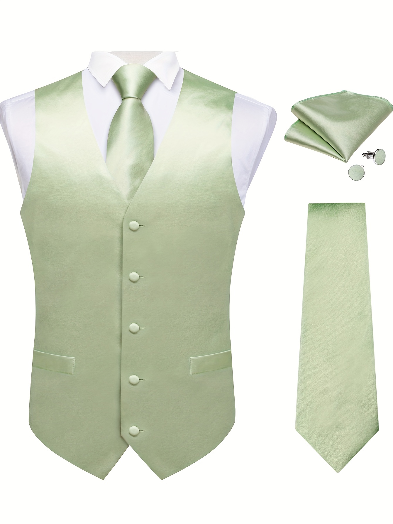 vest outfit including a vest tie handkerchief and cufflinks