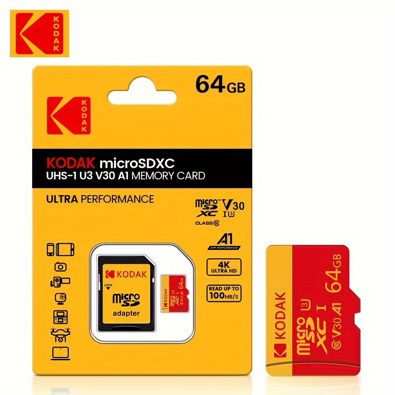 TEMU Kodak Micro Sd Card U3 Class 10 - 32gb, 64gb, 128gb, 256gb, Up To /s Tf Memory Card With Adapter For Cellphone, Pc, Camera