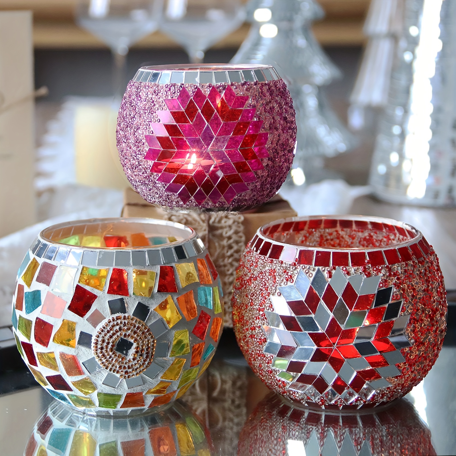 3er set handgefertigte mosaik kerzenhalter bunte