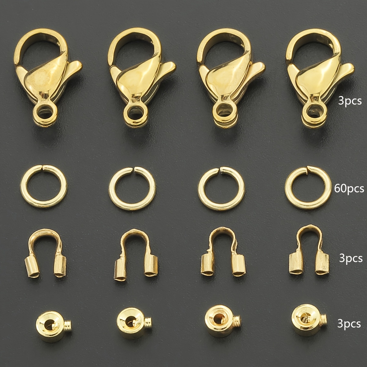 TEMU Lot de 69 pièces de fermoirs en acier inoxydable doré pour bijoux DIY, comprenant 3 fermoirs mousquetons, 3 fermoirs en U, 3 perles d'espacement