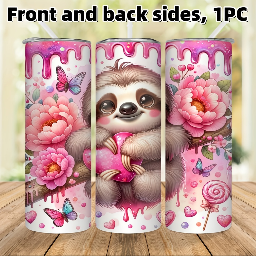 Image of 1pc, Cute Sloth Tumbler With Lid And Straw, 20oz Stainless Steel Water Bottle, Insulated Straight Water Cups, Drinkware, Outdoor Travel Accessories