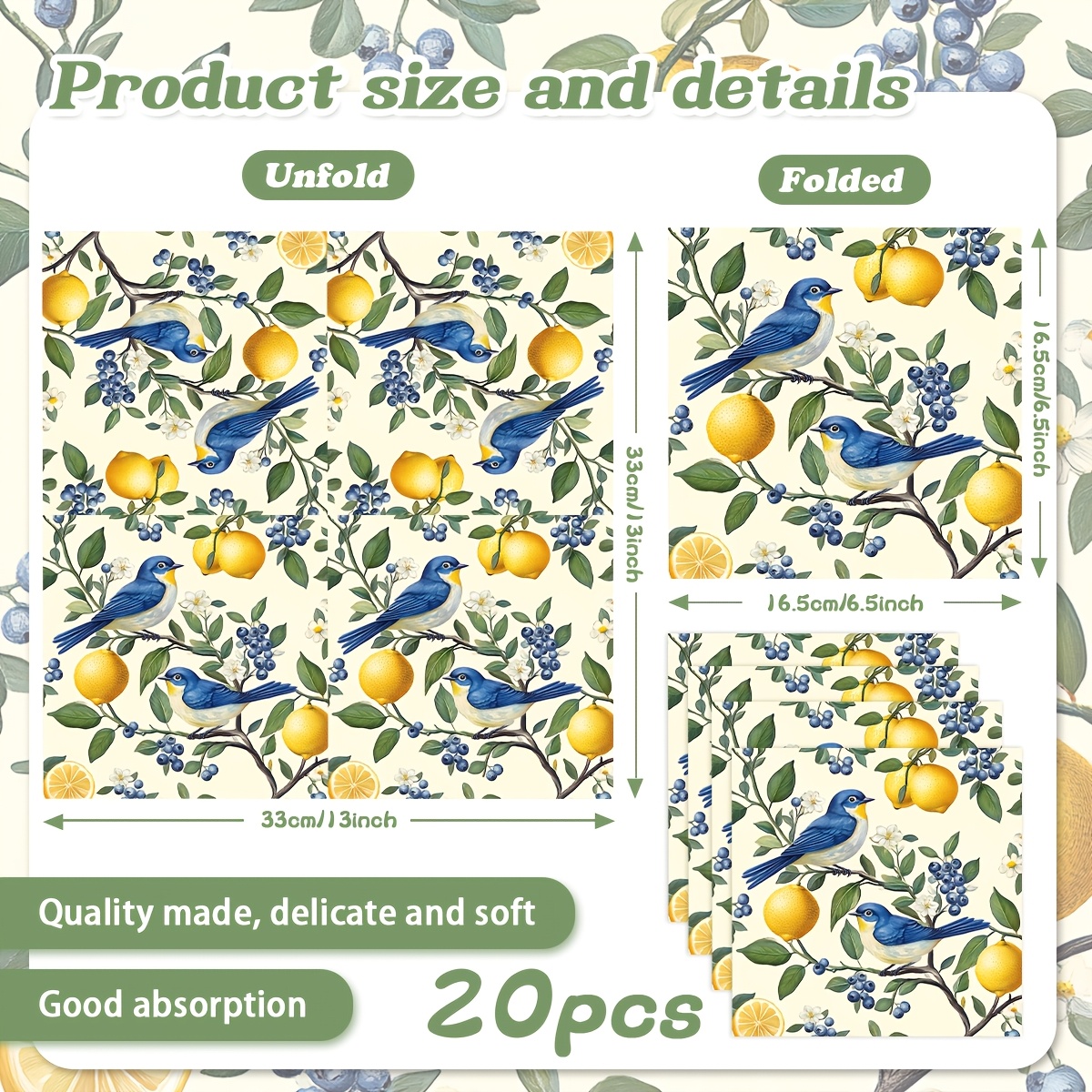 TEMU Birds Lemon Blueberry Floral Themed Party Napkins Suitable For Gatherings, , Birthday Dinners - Elegant Table Decor With Bird & Berry Patterns,