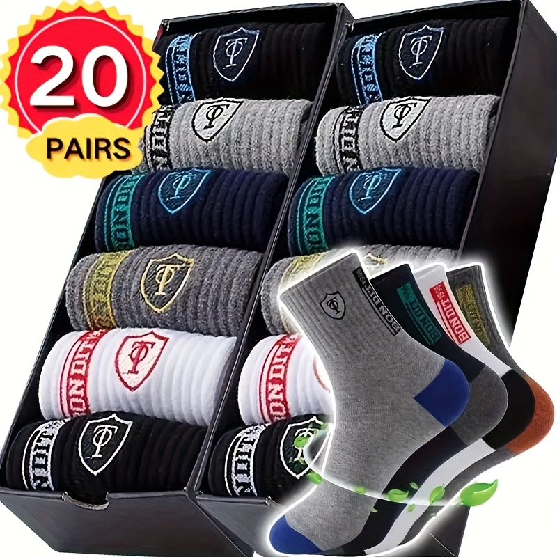 E-shop 20 Paar Herren-Sportsocken für alle Jahreszeiten, bequem atmungsaktiv, dicke warme Socken für Herbst Winter, gravierte hochelastische