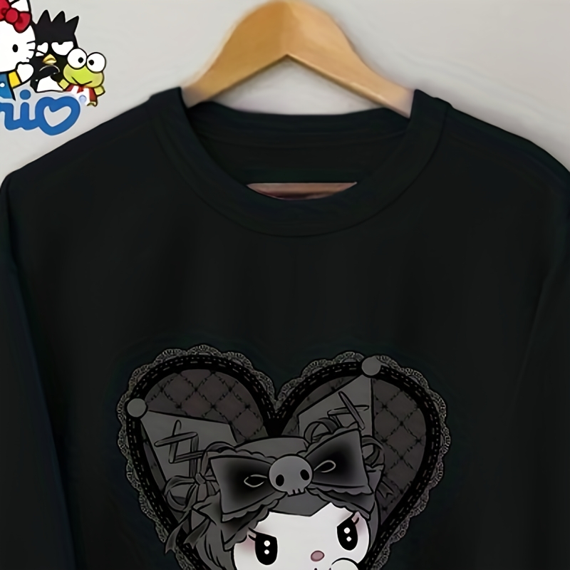 

Sanrio Kuromi Heart-themed Black Sweatshirt - Cozy Polyester Crew Neck For Women, Machine Washable, Fall & Winter