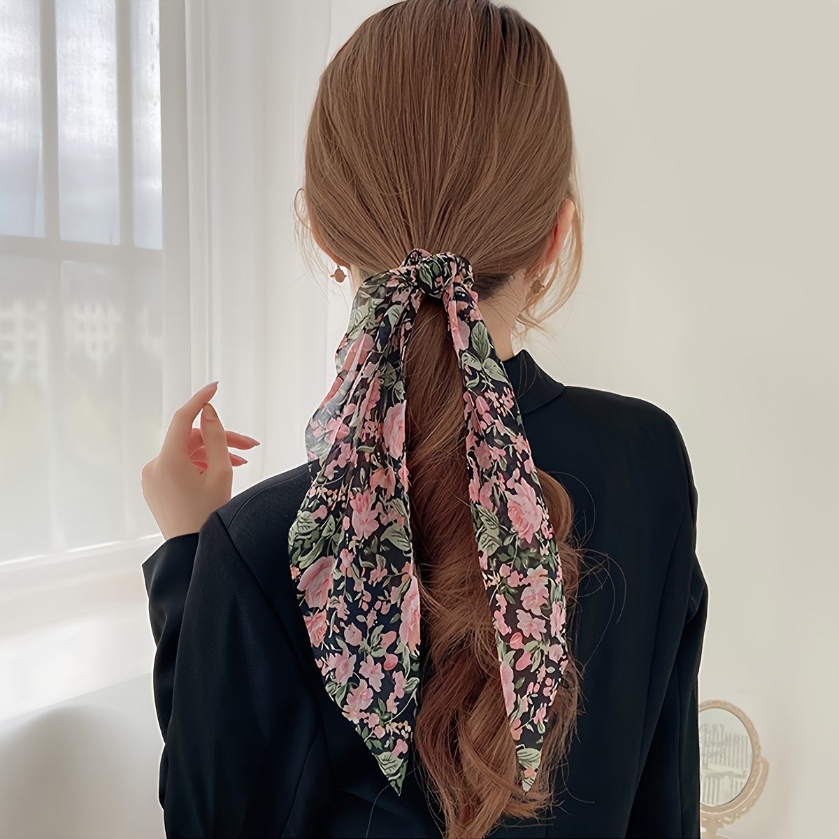 

Floral Chiffon Scarf Hair Ties - 3-piece Set, Fabric Bowknot Hair Elastics, Elegant Minimalist Style, Printed Bow Scrunchies For Adults And Teens