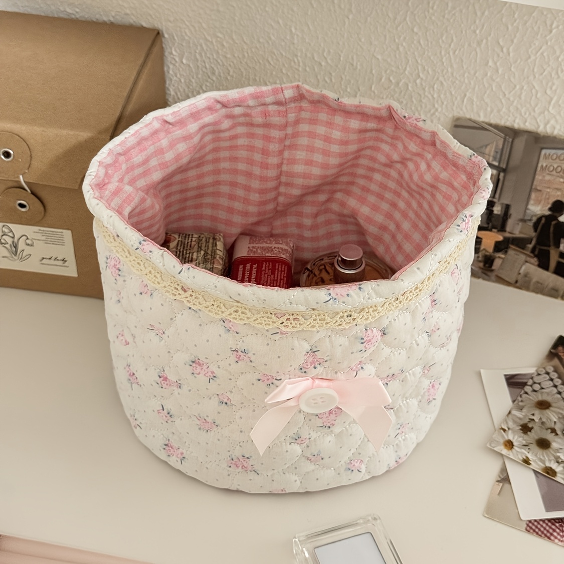 Image of Lace Sweetheart Cosmetic Display Box, Fashionable Home High- Fabric Desktop Storage Basket For Household Makeup Organization