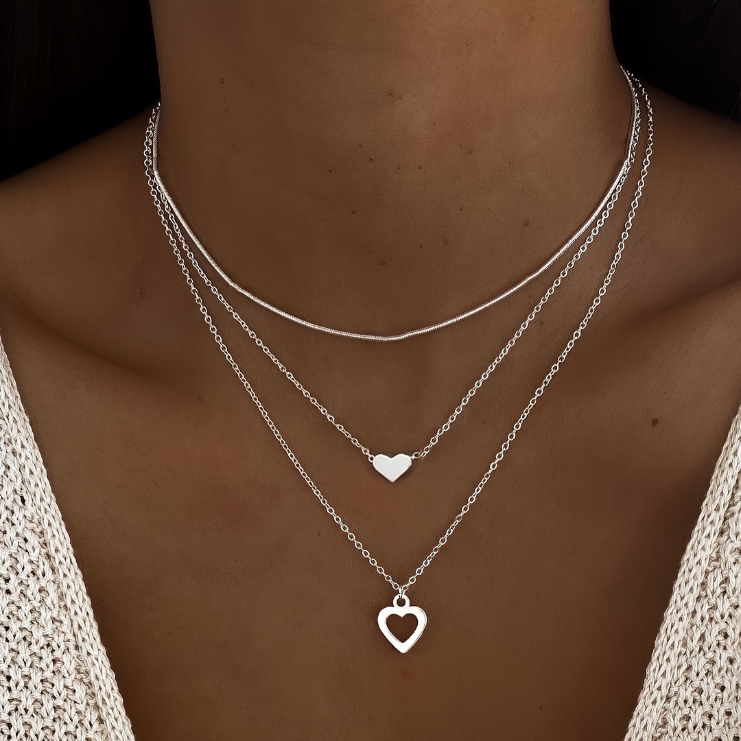 

3pcs Simple Vacation Style Love Heart Chain Necklace Set Multilayer Necklace Jewelry For Women Daily Dating Holiday Party