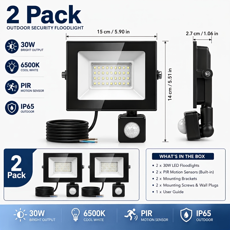 TEMU [2 Pack] 30w Led Frameless Security Lights With Pir Motion Sensor, 360° Rotating Detector, 6500k Daylight White, Ip65 And Frost-proof, Efficient