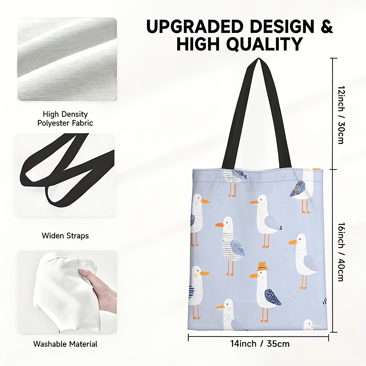 TEMU 1pc Printed Tote Bag, Light With Cartoon Seagull Pattern, Some Wearing Small Hats, Large Capacity, Suitable For Travel Combinations, A Must-have