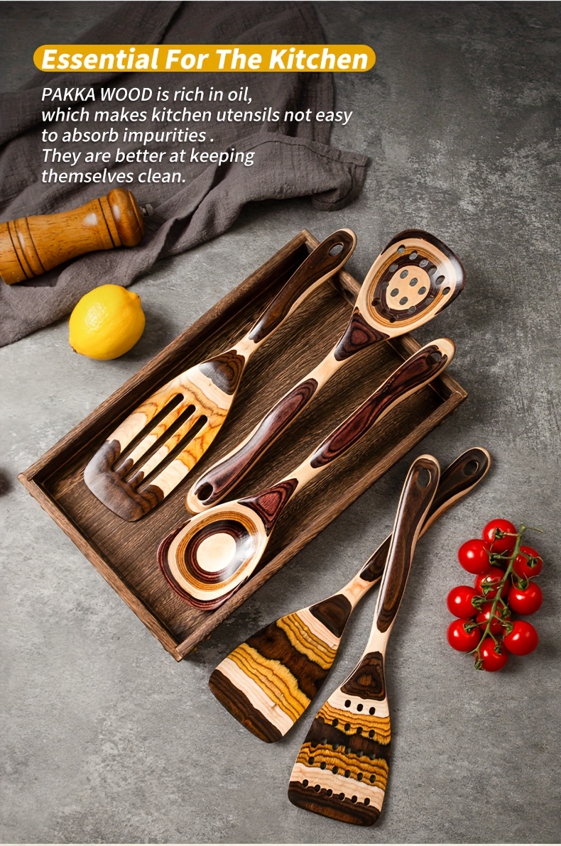 Pakkawood Spurtle Set, Kitchen Utensils Set For Cooking, WOSPONFAN 7pcs Pakkawood Wooden Cooking Spoons & Spatulas With Spoon Rest, Safe For Non-Stick Cookware, Outdoors & Kitchen Gift (Brown Spoon-7pcs)