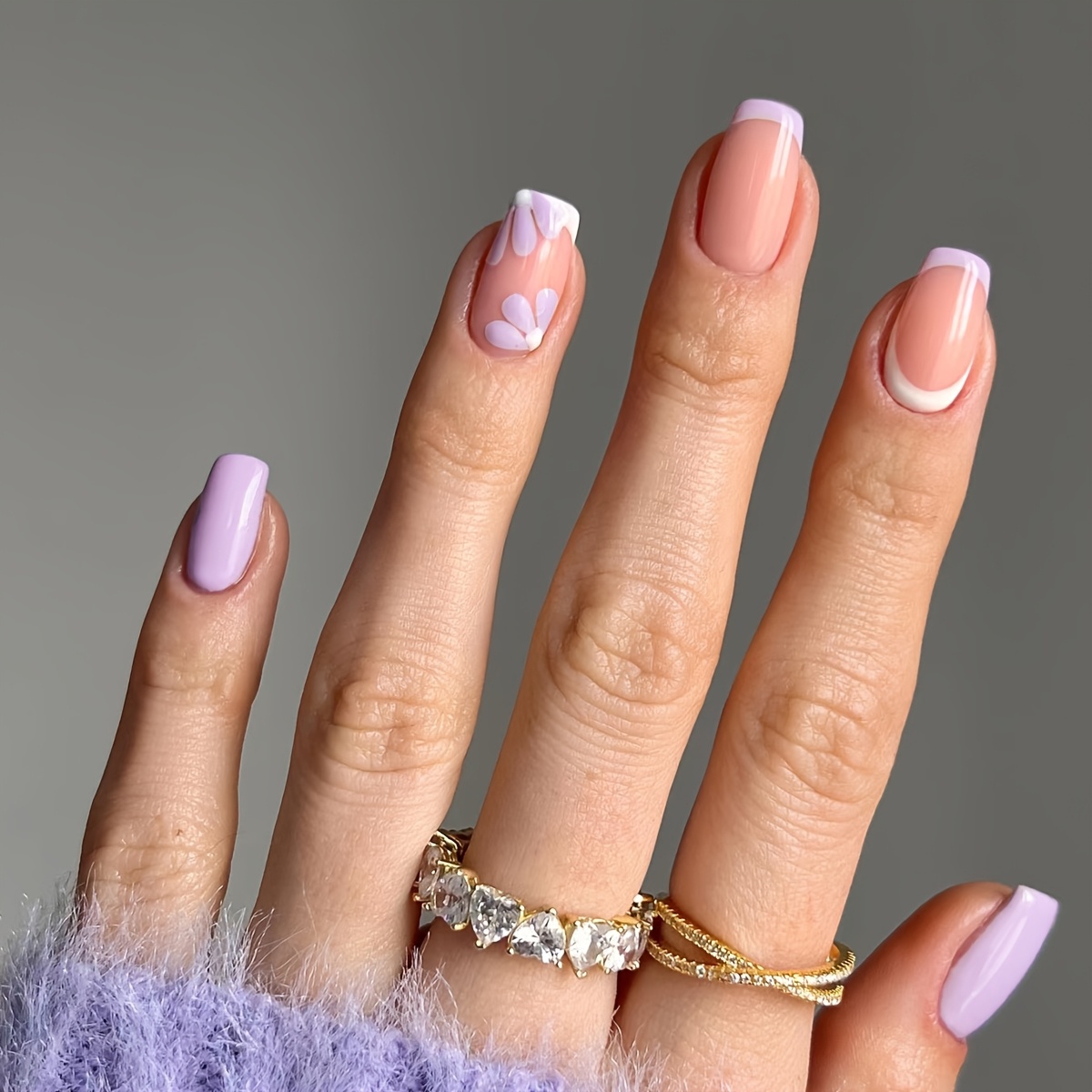 24pcs Medium-length Square White Purple Floral Full-cover Press-on Nails With Jelly Glue And Nail File Set For Women/, Suitable For Parties, Dances, And Daily Wear