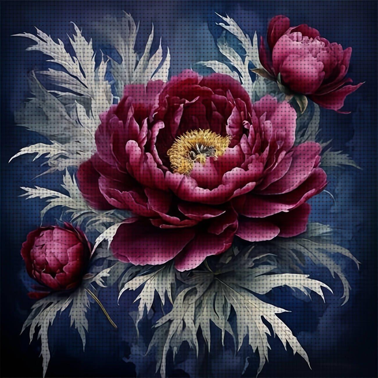 Frameless Printed DIY Cross Stitch Kit with Peony on Dark Background Design