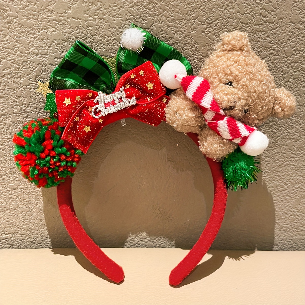 TEMU 1pc/2pcs Festive Christmas Plush Teddy Bear Headband For Women, Cute Polyester Accessory With Bow Detail, Non-feathered, Color Block Print, Party Headwear