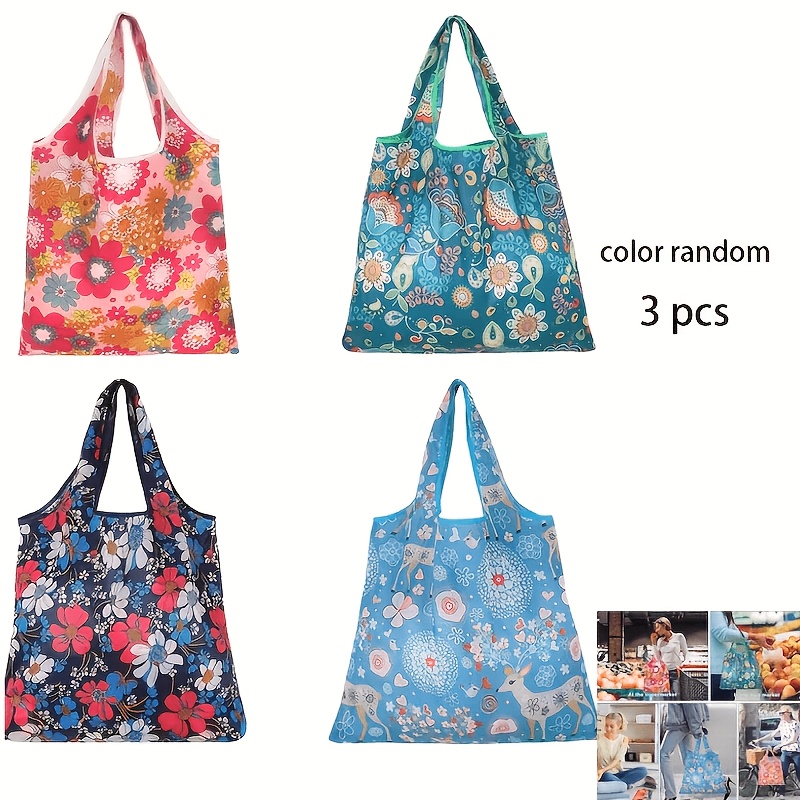 TEMU 3pcs Fiber Shopping Bags With Handles, Foldable Portable Storage Bags, Lightweight And Durable Machine-washable Shopping Bags, Colors Random