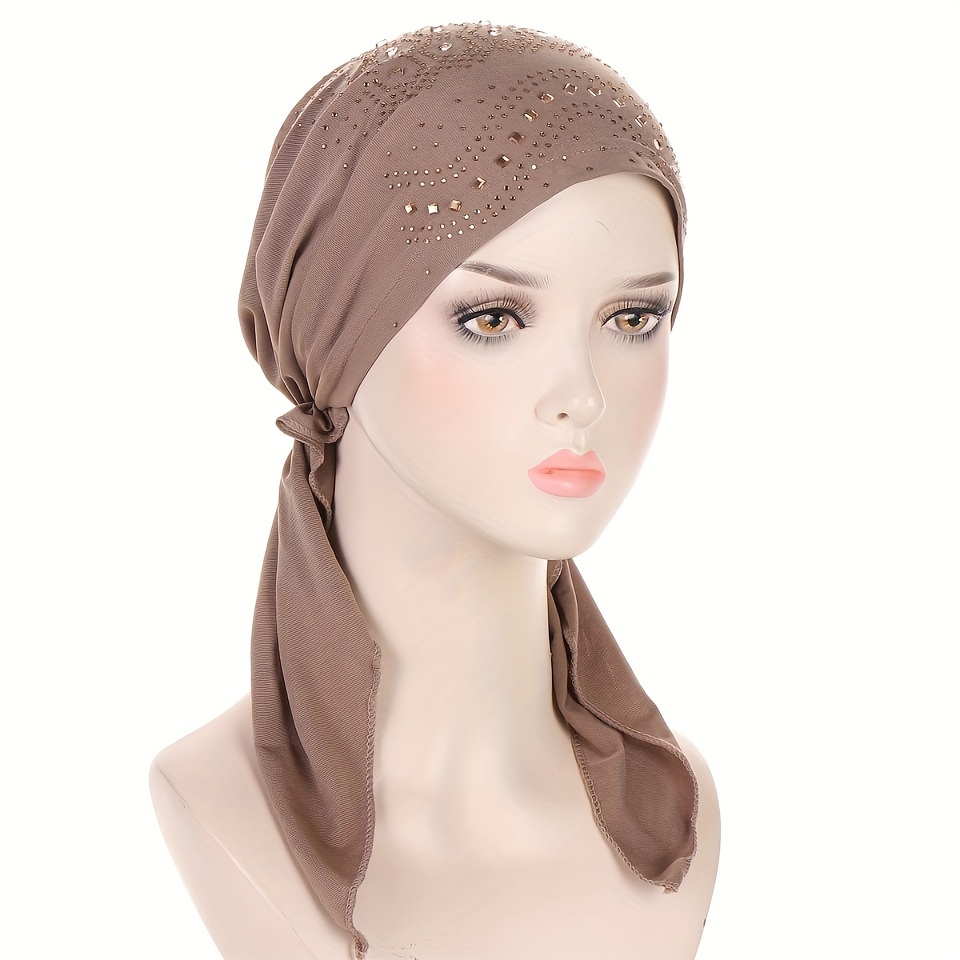 

Women's Elastic Turban Hat, Soft Solid Color Casual Head Wrap, Inner Cap With Double Tails Gifts For Eid
