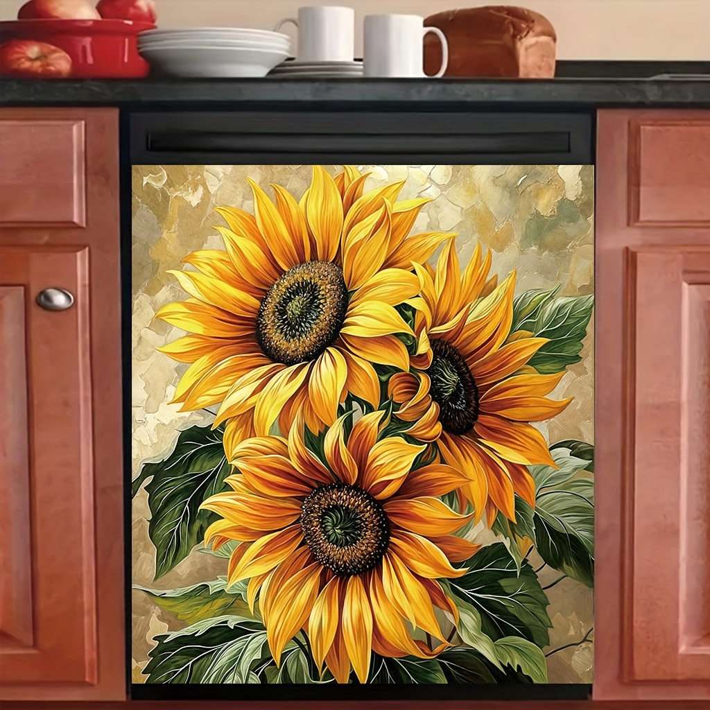 

1pc Sunflower Dishwasher Door Cover, Magnetic Print, 23.03 X 25., Easy Clean Kitchen Decor, Indoor Rectangular Appliance Trim