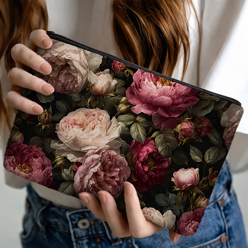 TEMU Trousse da trucco stampa di rose, grande capacit�, chiusura a zip e scomparti organizzati per la conservazione quotidiana, il pendolarismo e