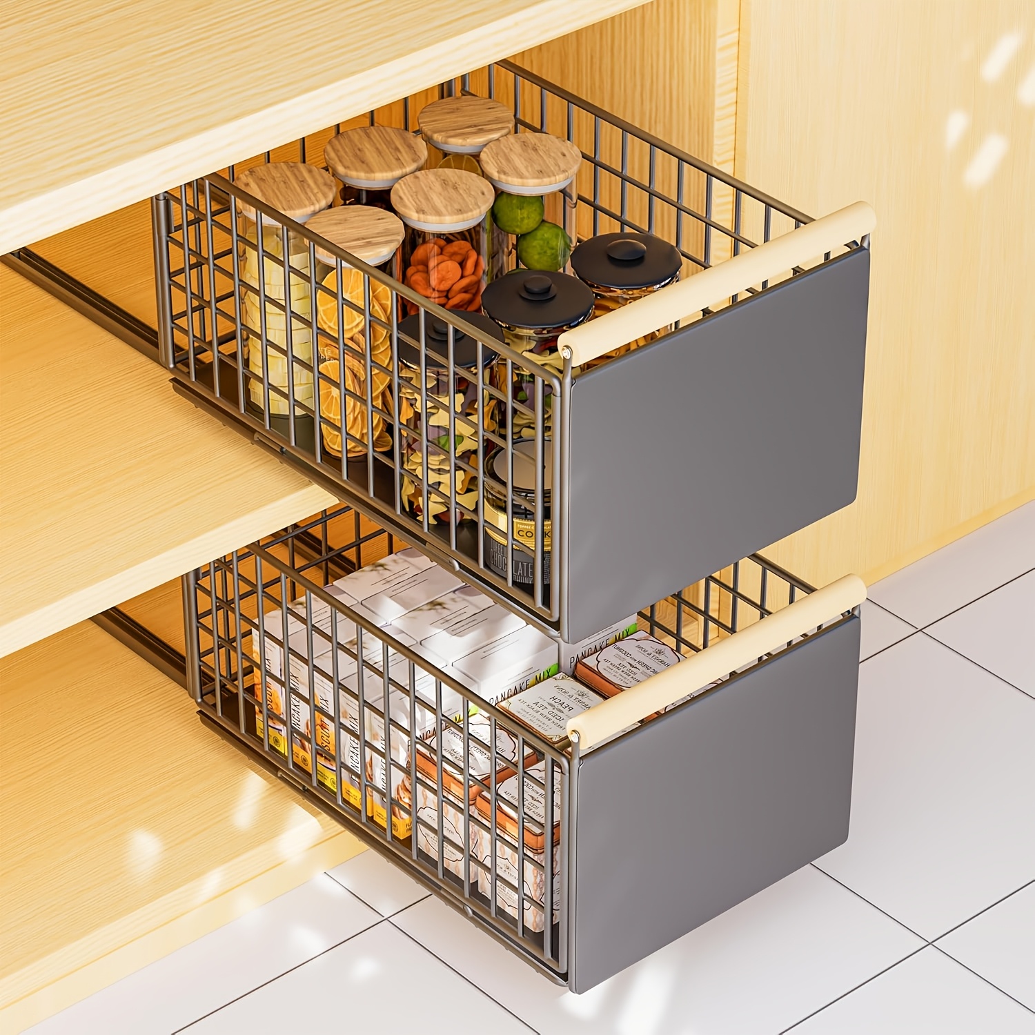 2pcs Set Extractable Cabinet Basket, Carbon Steel Drawer Organizer For Kitchen Cabinet Cabinet Dining Cabinet Side Cabinet, Edge Non-slip With Steam Rail, No Hole Required