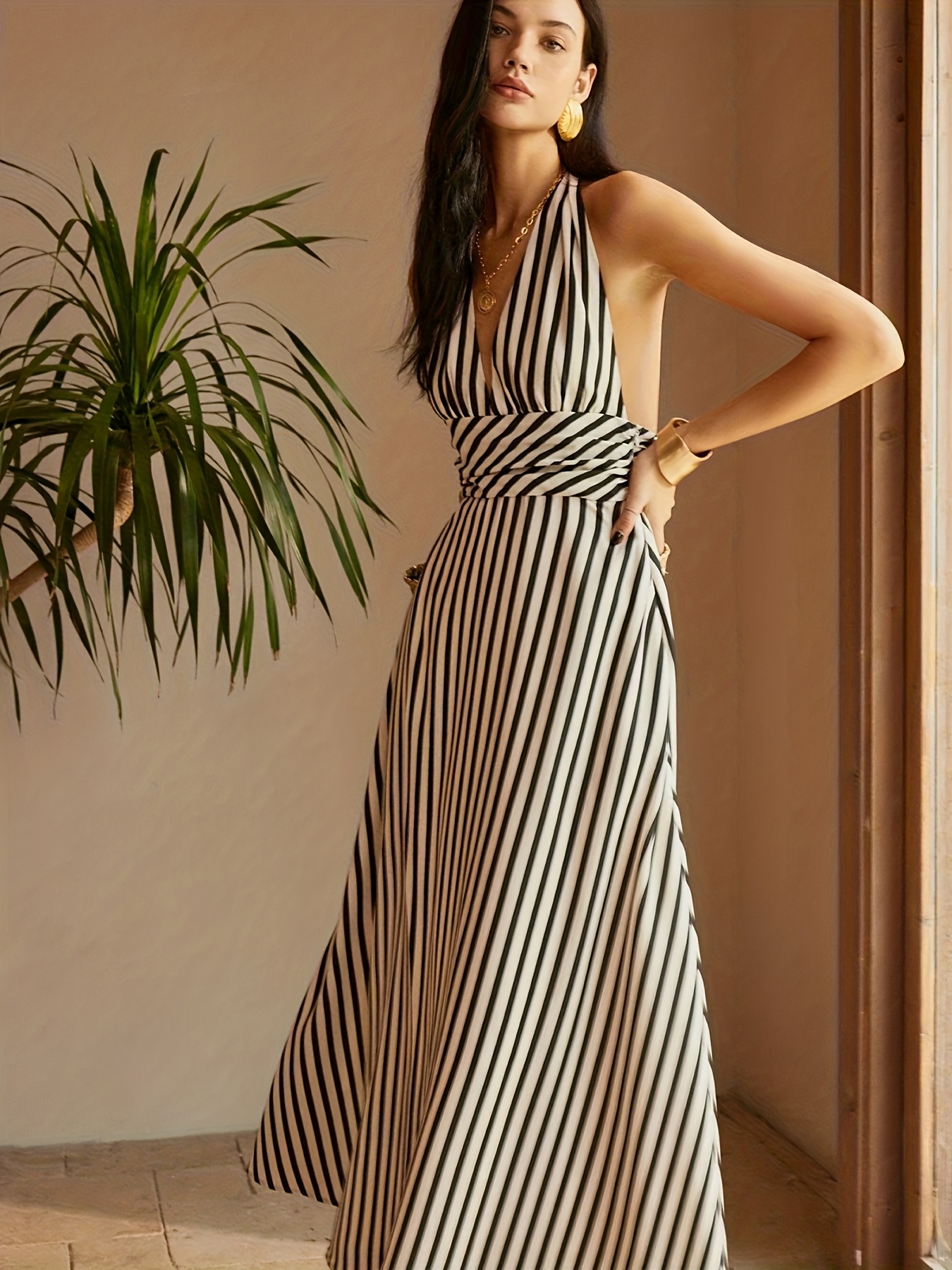 Generic Women Striped Sleeveless Maxi Dress Swing Cutout