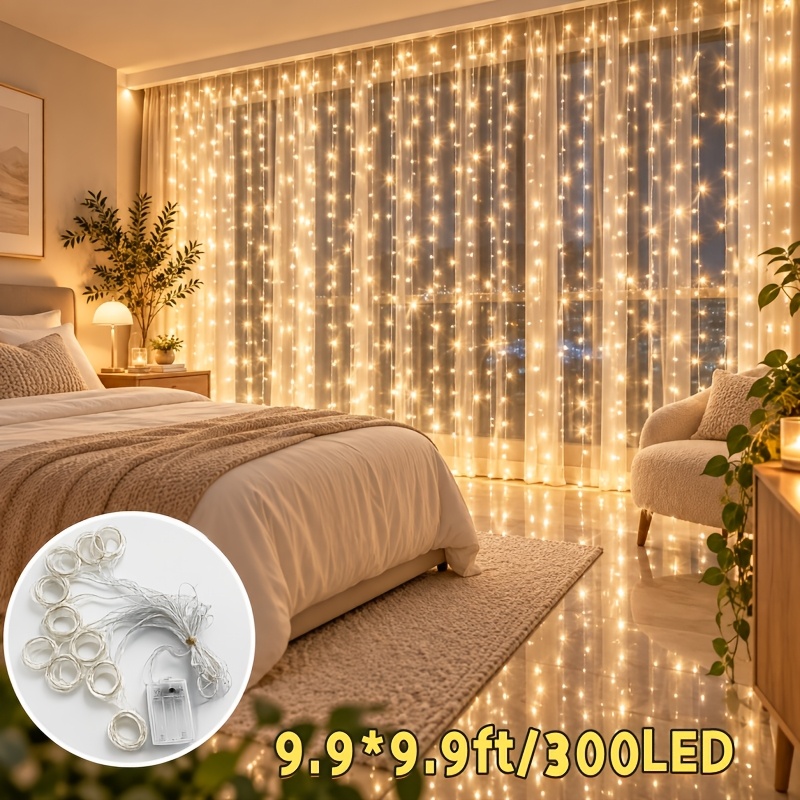 TEMU 300/200 Led Fairy Curtain Lights, Battery Operated Warm Curtain String Lights With 8 , Cozy Bedroom Decorative Lights For Home, Wedding, Party,
