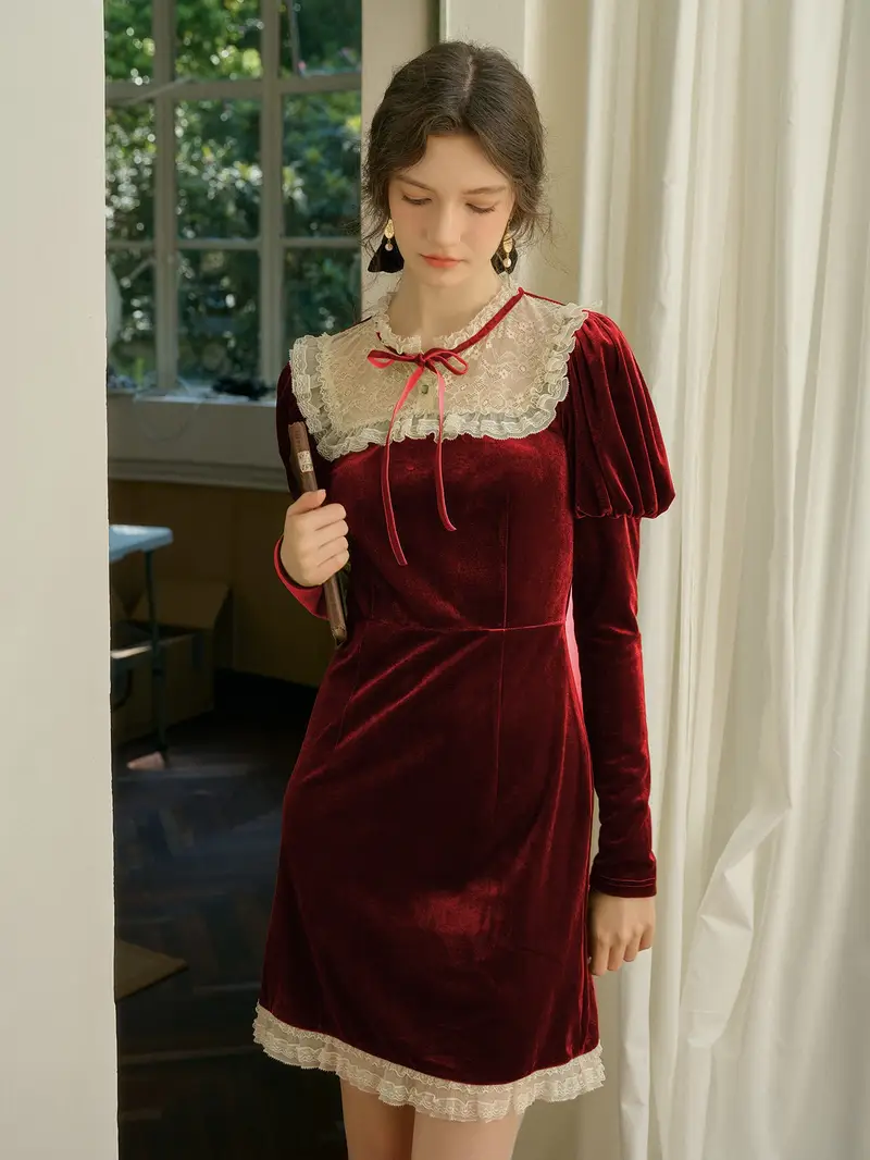 knee length velvet dress a lace collar design - Temu Ireland knee length velvet dress a lace collar design - Temu Ireland