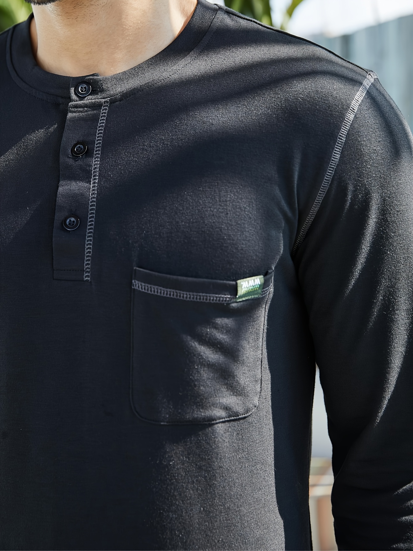 mens stylish henley shirt classic long sleeved lightweight button cotton t shirt casual top shoulder stitching design and contrasting buttons       chest pocket brand label highlights   quality   enhance   of   royal blue 3