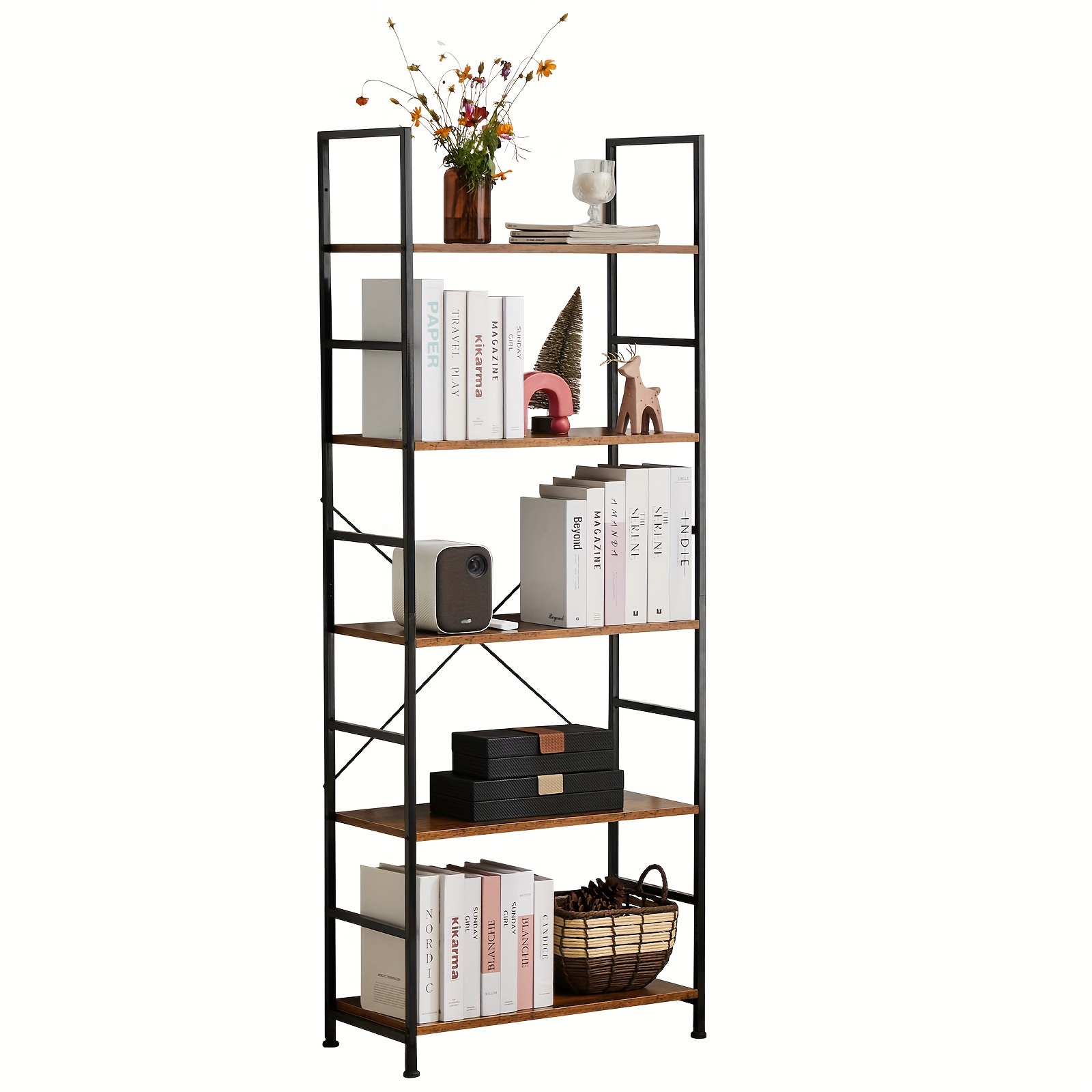 

Brown Book Shelf 5 Tier Bookcase, Tall Bookshelf Industrial Corner Storage Organizer For Bedroom Kitchen Living Room