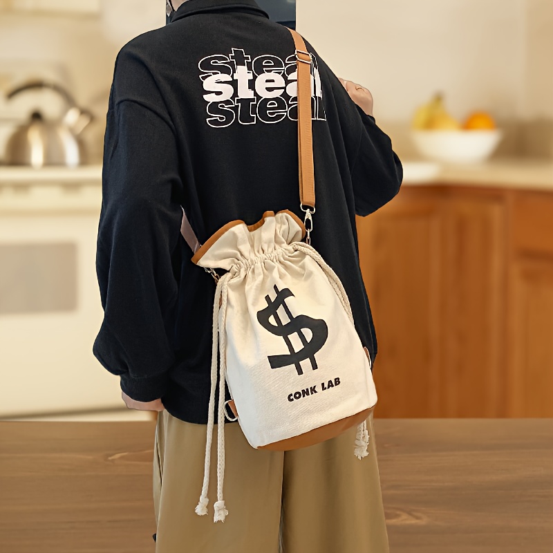 Cream Drawstring Backpack with Dollar Sign 490092329045600.jpeg main image 3