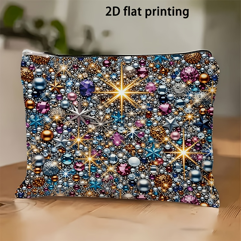 TEMU 2d Flat Printing Bling Gemstone Star Makeup Bag, Diamond Pearl Cosmetic Pouch, Travel Toiletry Organizer, Halloween Christmas Holiday Gift For