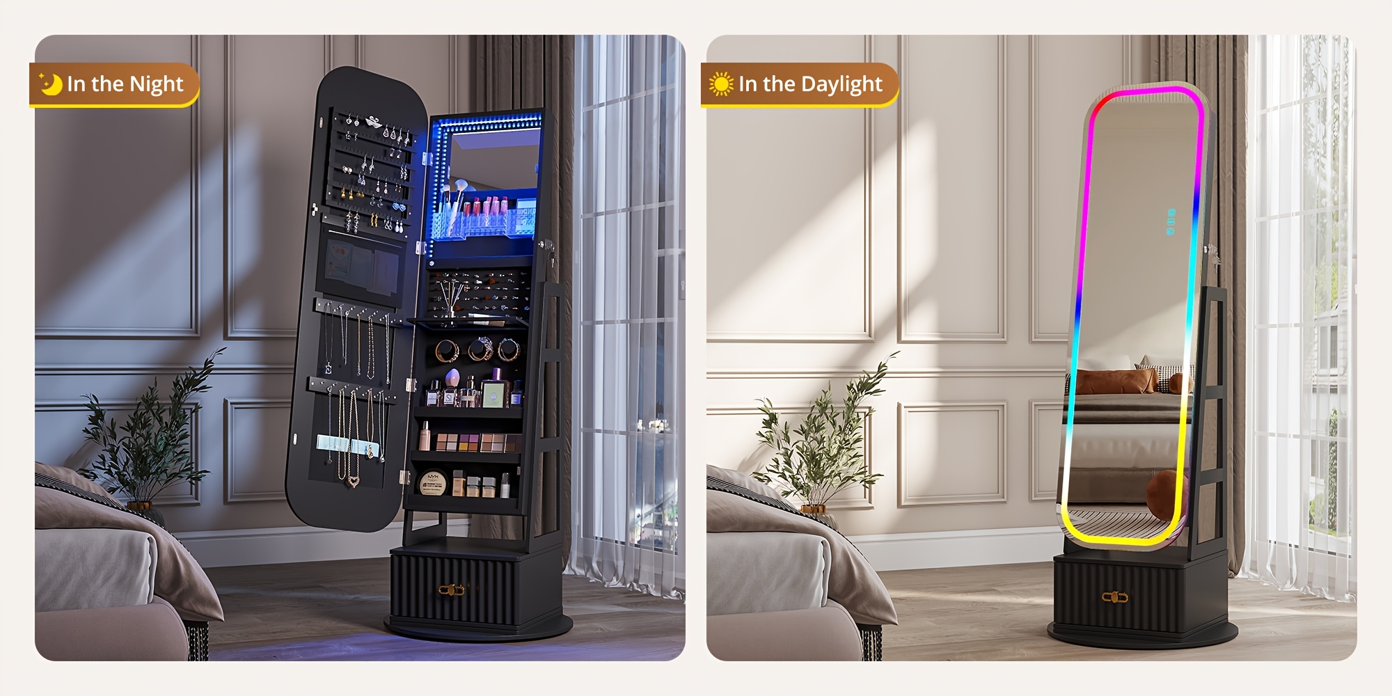 vintage inspired 360 swivel jewelry   cabinet with lights lockable full length organizer with storage drawer for bedroom decor Product details 1