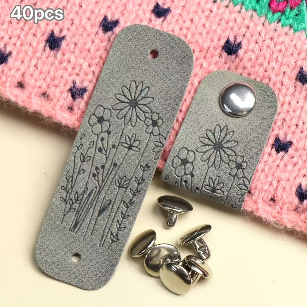 Image of Set Of 40 Faux Leather Floral Tags With Snap Buttons For Crafts And Labeling - Flower Pattern Embossed Keychain Pendant Shapes. Craft Sewing Labels Crochet Knitting Tags