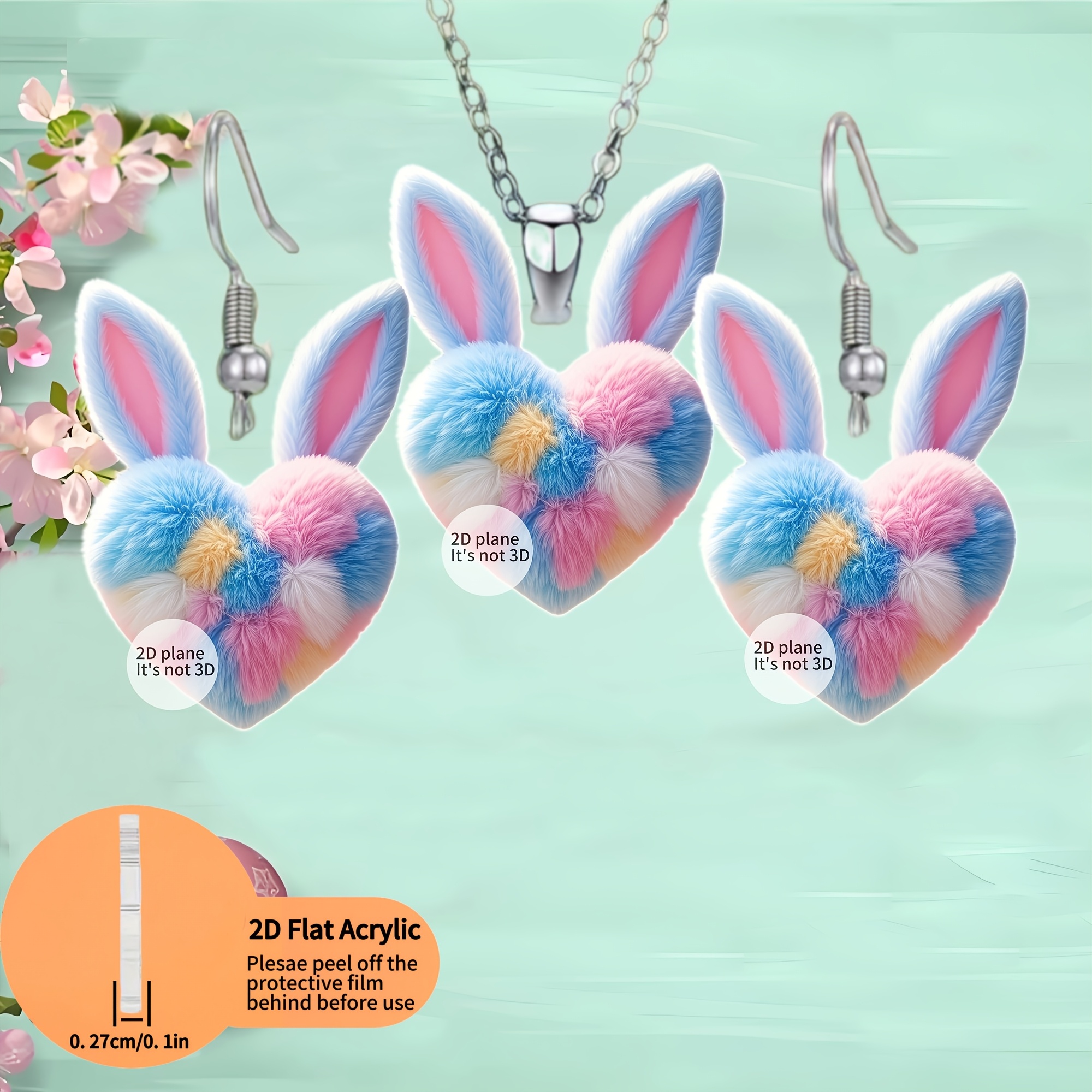 Colorful Heart Rabbit Women's Earrings & Necklace Set, 3pcs