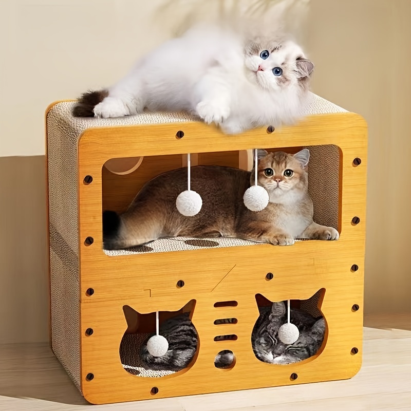 

Maison de en carton multicouches avec tour de jeu intégré - Abri pour animaux de compagnie avec poteaux de verticaux et accessoires de jouet pour chats