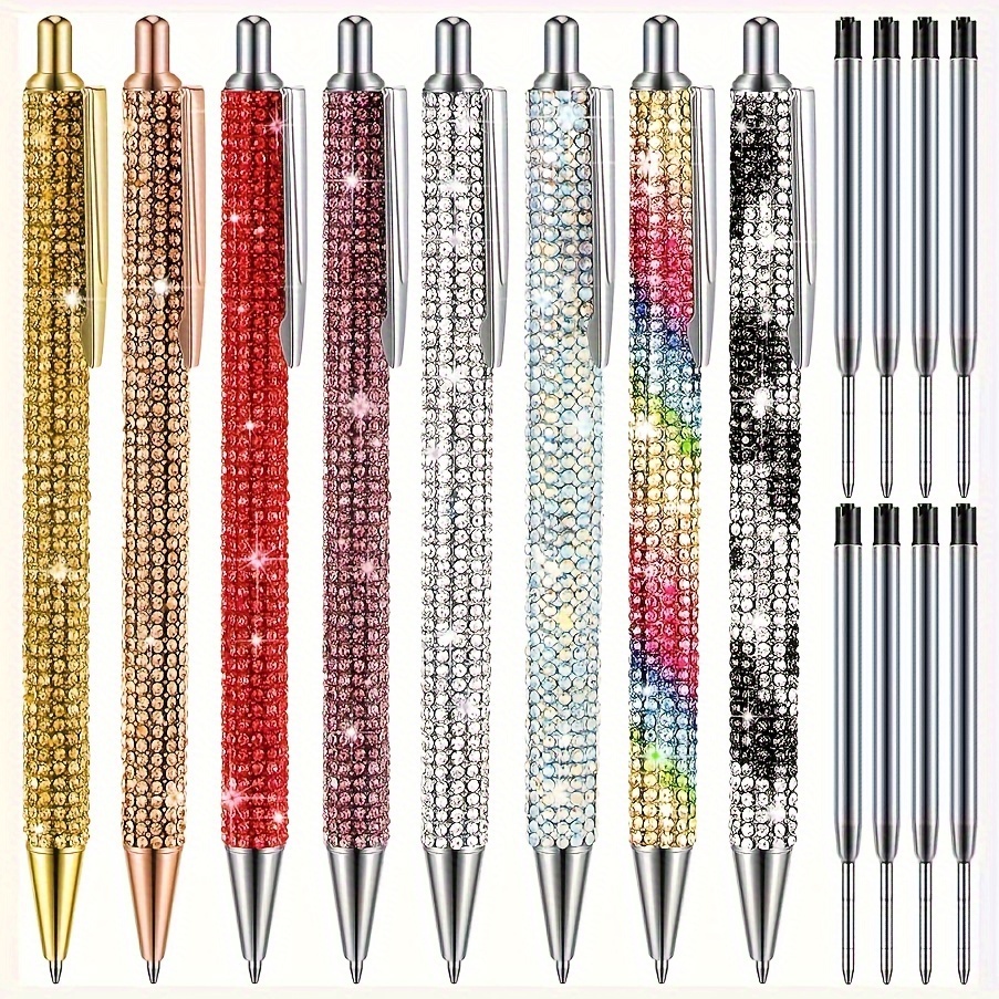 

Roise Lot de 4 stylos à bille en métal scintillant avec 4 recharges, encre noire, fermeture rétractable, corps rond, micro pointe, prise en main confortable à partir de 14 ans