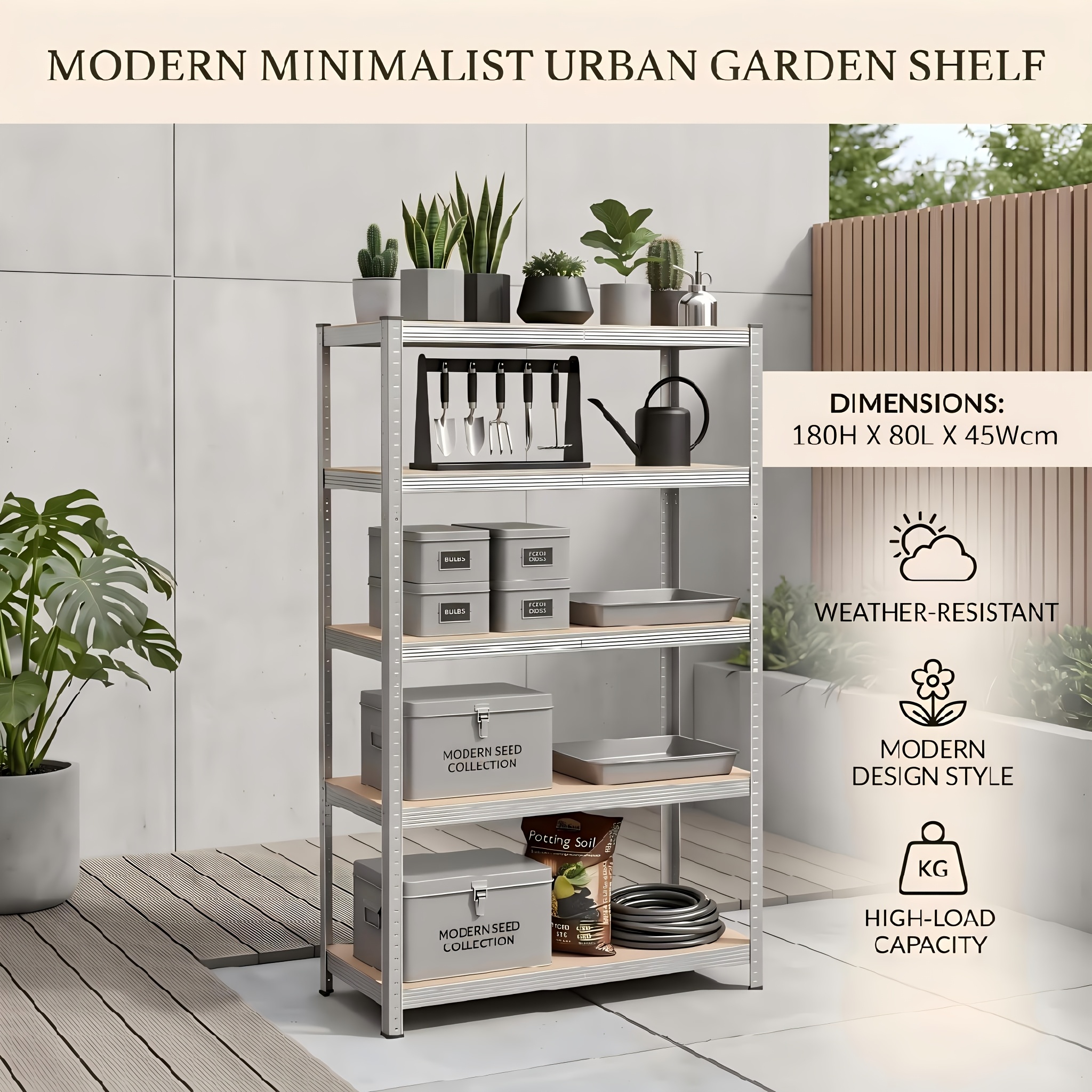 Image of 180cm Heavy Duty Shelving Unit, Rivetless Press- Assembly, Garden Shed, 180cm Tall, , Black And Silvery, Garden Tool Rack