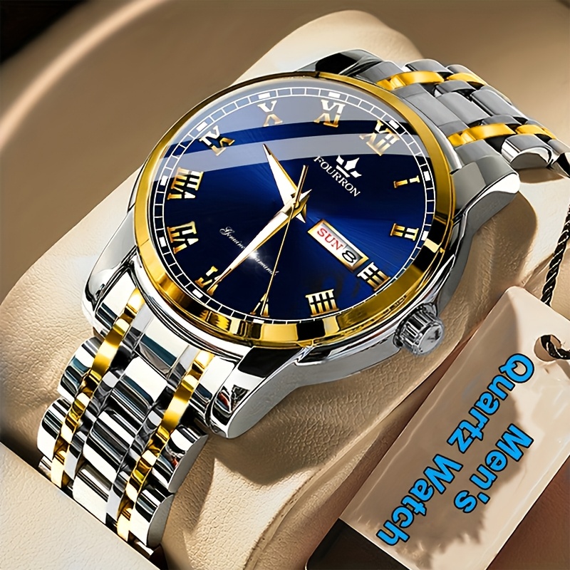 Image of 1pc Fourron Brand Fashion Men's Quartz Watch Stainless Steel Strap With , Roman Disc Luminous Luxury Men's Wristwatches, And Relatives Birthday Gifts, Holiday Party Gifts