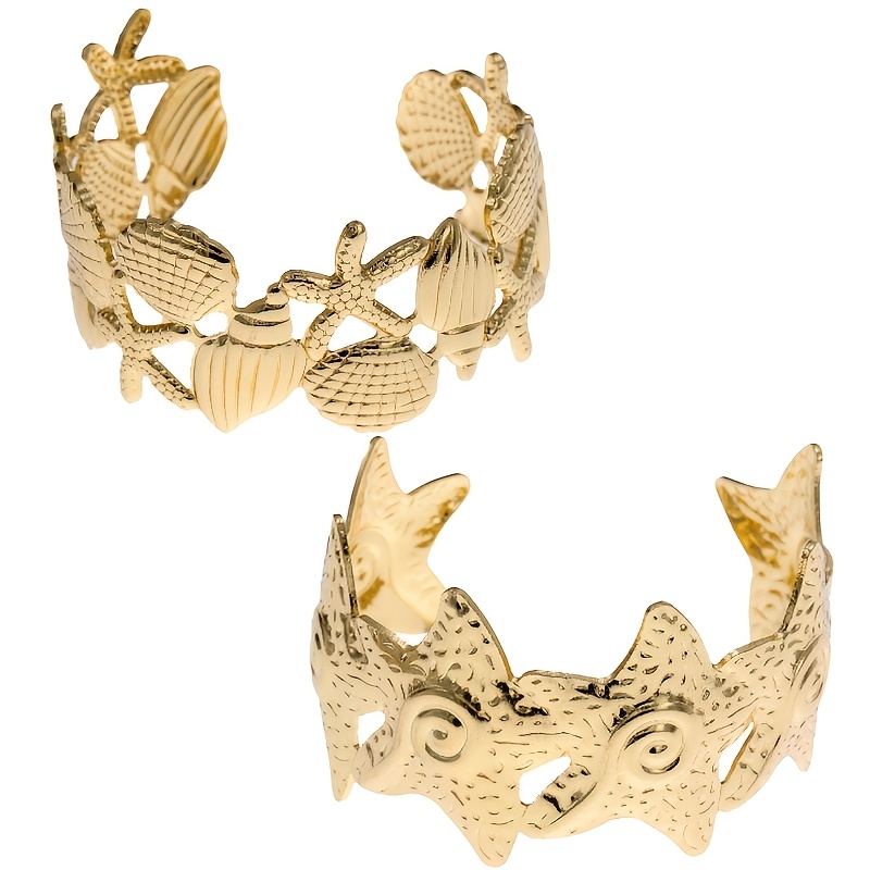 2pcs Ocean Shell & Starfish Motif Open Bangle Set, Elegant Women's Bracelets