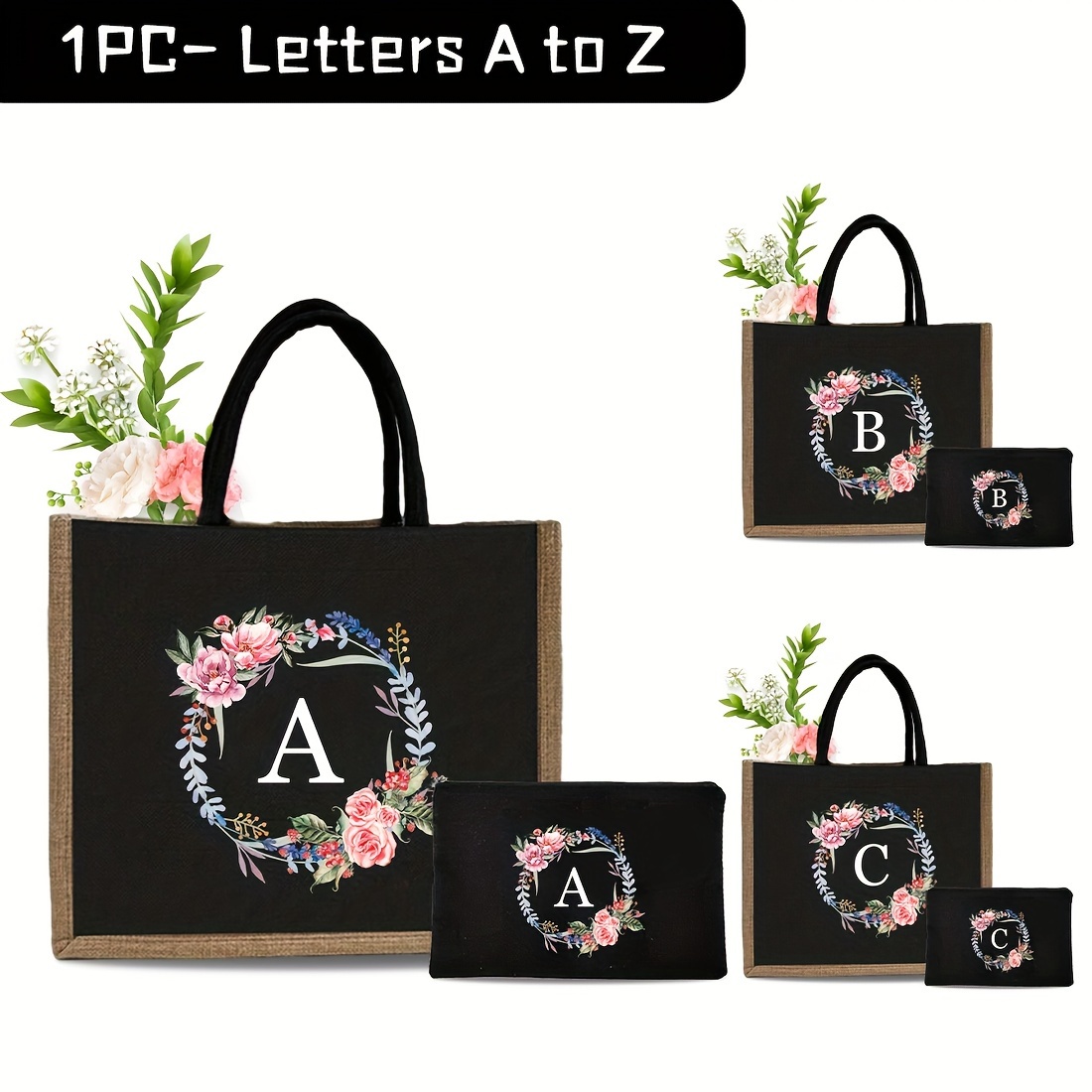 

Personalized Initial Tote Bag And With Floral Wreath Design - Polyester, Hand Washable, No-closure Handbag With Matching Zippered Pouch - Monogrammed Gifts For Bridesmaids, Weddings, Birthdays