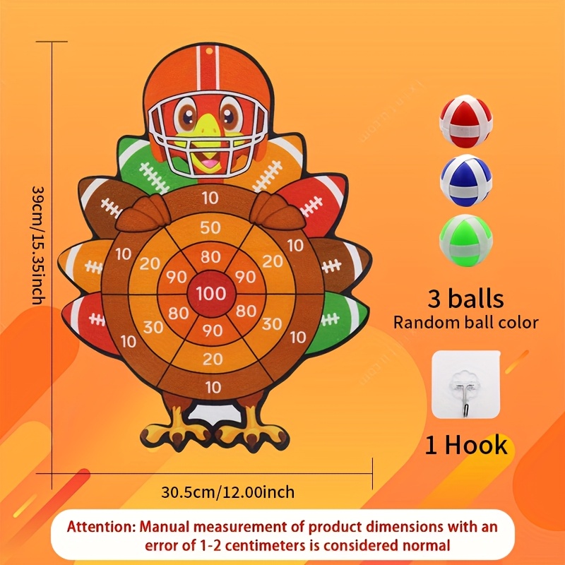 TEMU 1pc Thanksgiving Turkey Sports Toy Set, Includes 3 Sticky Balls & 1 Hook. Numbered Scoring Zones, Indoor & Outdoor Toy For Kids, Autumn Turkey